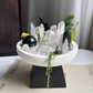 Handcrafted Evergreen Sanctuary Crystal Garden with Clear Quartz Clusters, Green Phantom Quartz Tower, Obsidian Sphere, and Smoky Quartz in a ceramic display bowl