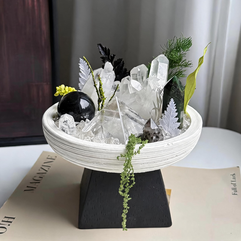 Handcrafted Evergreen Sanctuary Crystal Garden with Clear Quartz Clusters, Green Phantom Quartz Tower, Obsidian Sphere, and Smoky Quartz in a ceramic display bowl