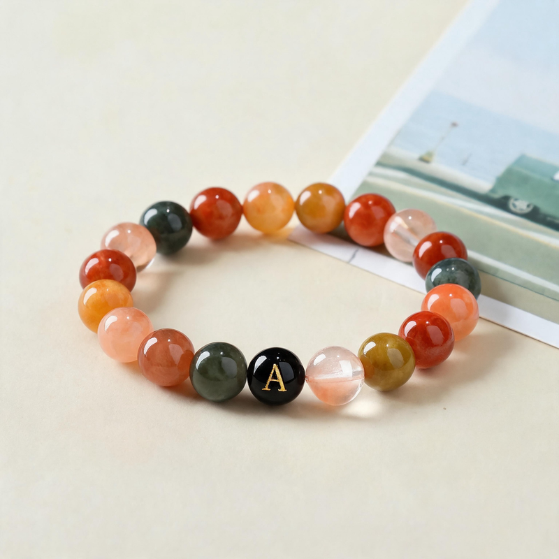 Front view of Evermark™ Personalized Colorful Rutilated Quartz Bracelet with custom black initial bead and natural multicolor gemstone design.