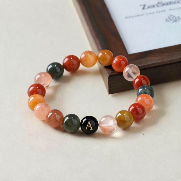 Evermark™ Personalized Colorful Rutilated Quartz Bracelet displayed in a lifestyle setting with natural multicolor gemstones and custom initial bead.