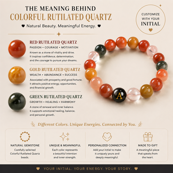 Meaning behind Evermark™ Personalized Colorful Rutilated Quartz Bracelet featuring the symbolic meanings of red, golden and green rutilated quartz with custom initial bead.
