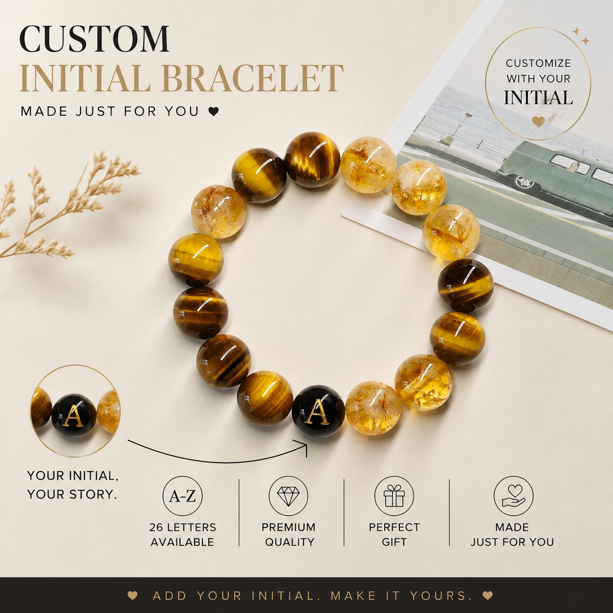 Evermark™ personalized Tiger Eye and Golden Rutilated Quartz bracelet with custom black initial bead