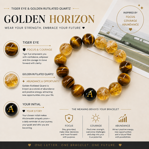 Tiger Eye and Golden Rutilated Quartz bracelet meaning featuring focus, courage, abundance and personalized initial