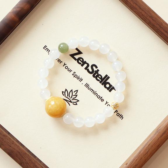 Frost Mist Snow AI Companion Bracelet displayed on Zenstellar presentation card highlighting emotional balance design with White Agate and Hetian Jade gemstones