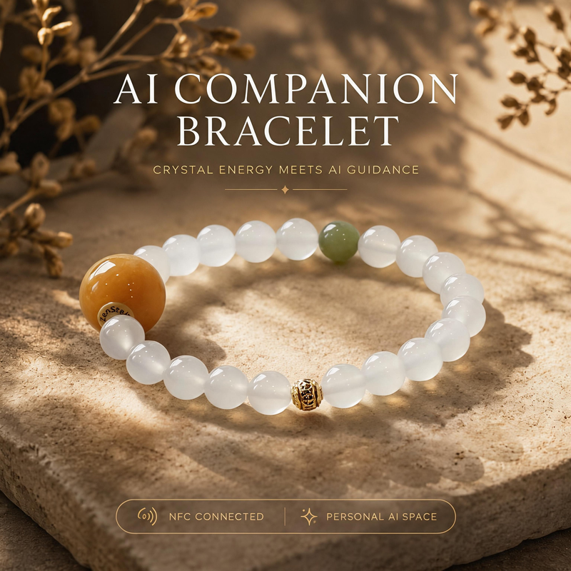 Frost Mist Snow Crystal Bracelet crafted with natural White Agate and Hetian Jade featuring a warm orange accent bead and signature AI companion design on Zenstellar stone background