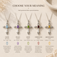 Gemstone cross necklace with five color variants representing faith, peace, hope, strength and abundance