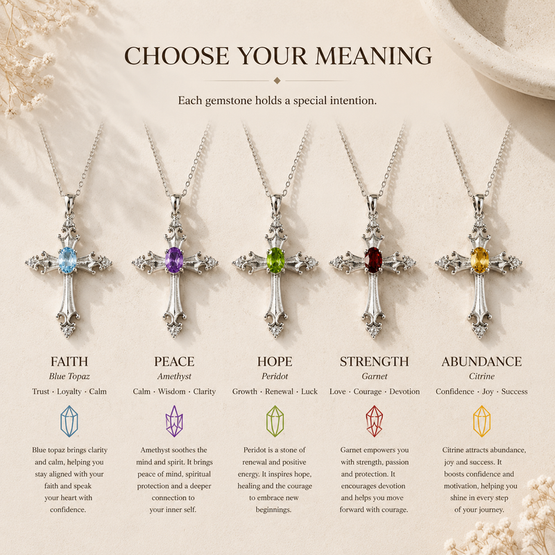 Gemstone cross necklace with five color variants representing faith, peace, hope, strength and abundance