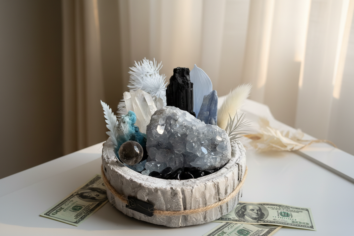 天然水晶摆件与美元元素的财富主题场景
