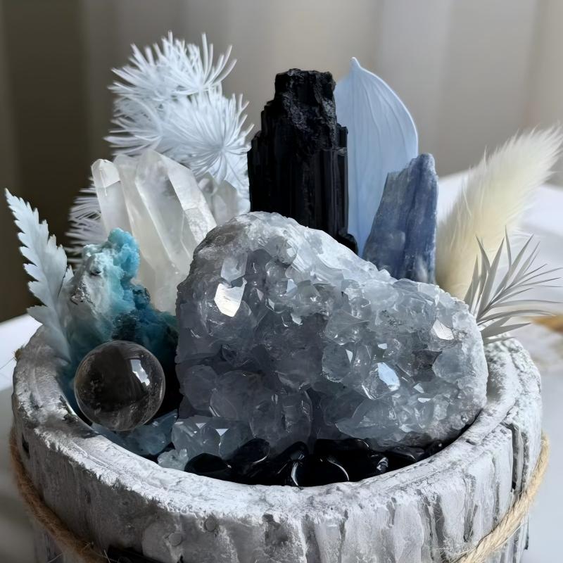Detailed view of Celestite, Kyanite, Blue Aragonite, Clear Quartz, Black Tourmaline, and Obsidian in the Glacial Silence Crystal Garden
