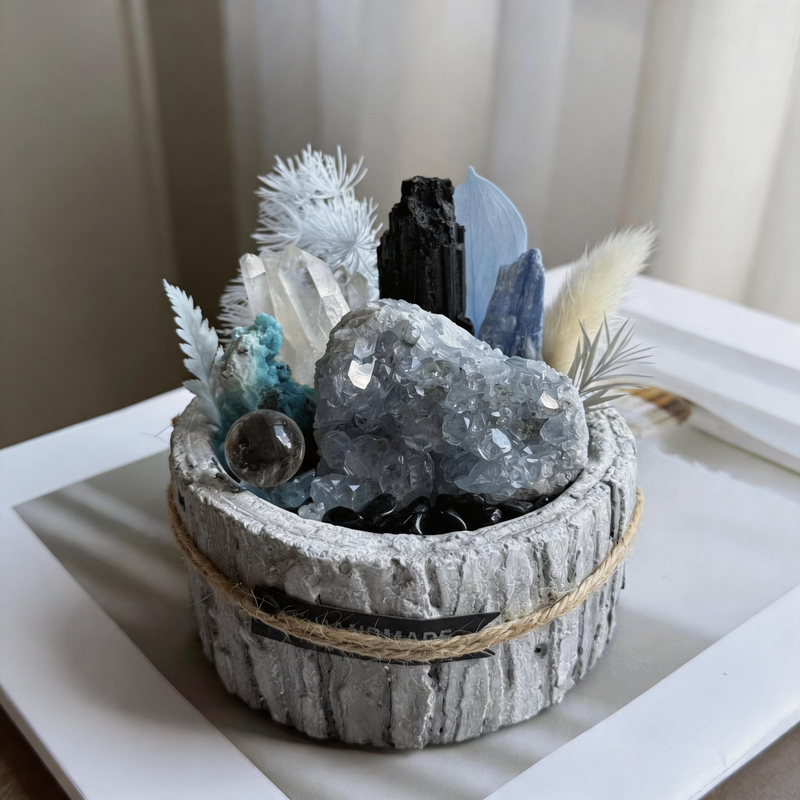 Handcrafted Glacial Silence Crystal Garden with Celestite, Kyanite, Blue Aragonite, Clear Quartz, Black Tourmaline, and Obsidian in a decorative ceramic pot