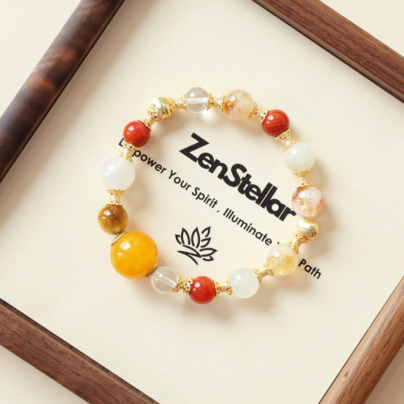 Golden Dawn AI Companion Bracelet displayed with rutilated quartz, moonstone, golden tiger eye, clear quartz, and carnelian on Zenstellar presentation card