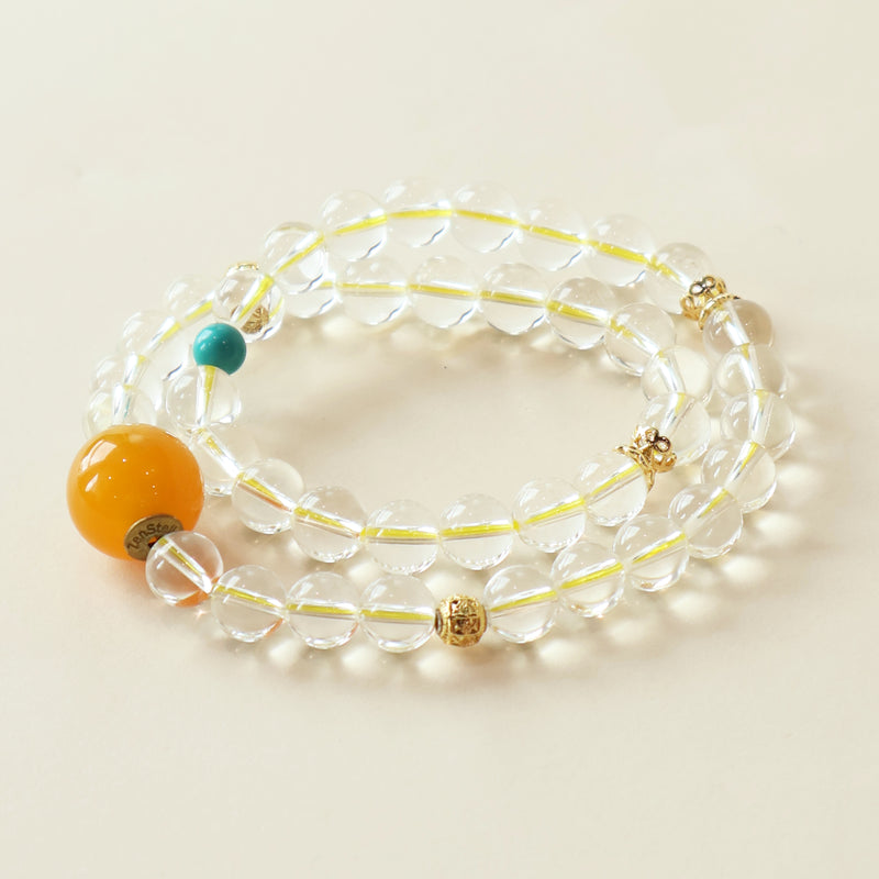 Ivory River Solace Crystal Bracelet featuring natural White Quartz and Dyed Turquoise gemstone beads with AI companion bead in clean studio white background presentation