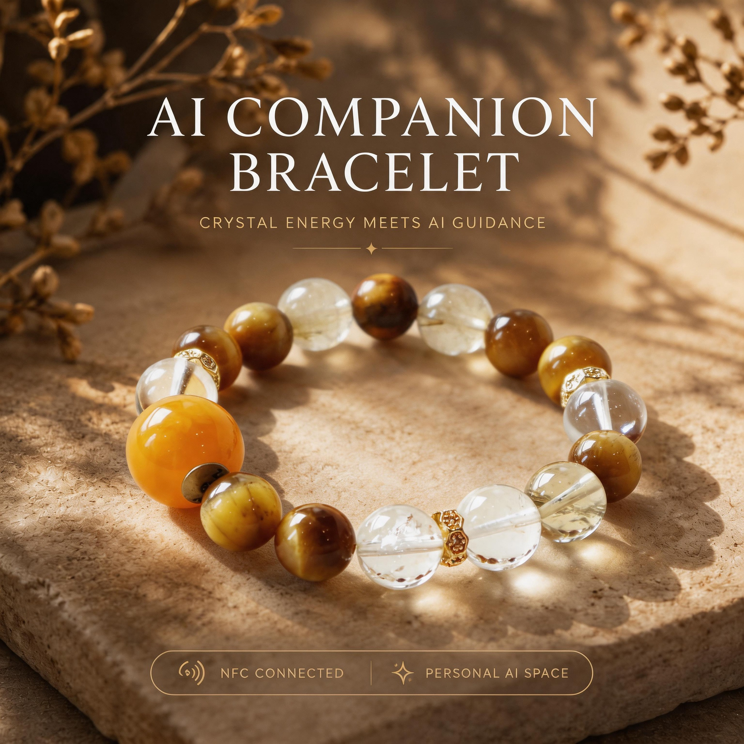 Amber Rise AI Companion Bracelet with amber and golden brown crystal beads, NFC connected personal AI space and mindful crystal energy guidance