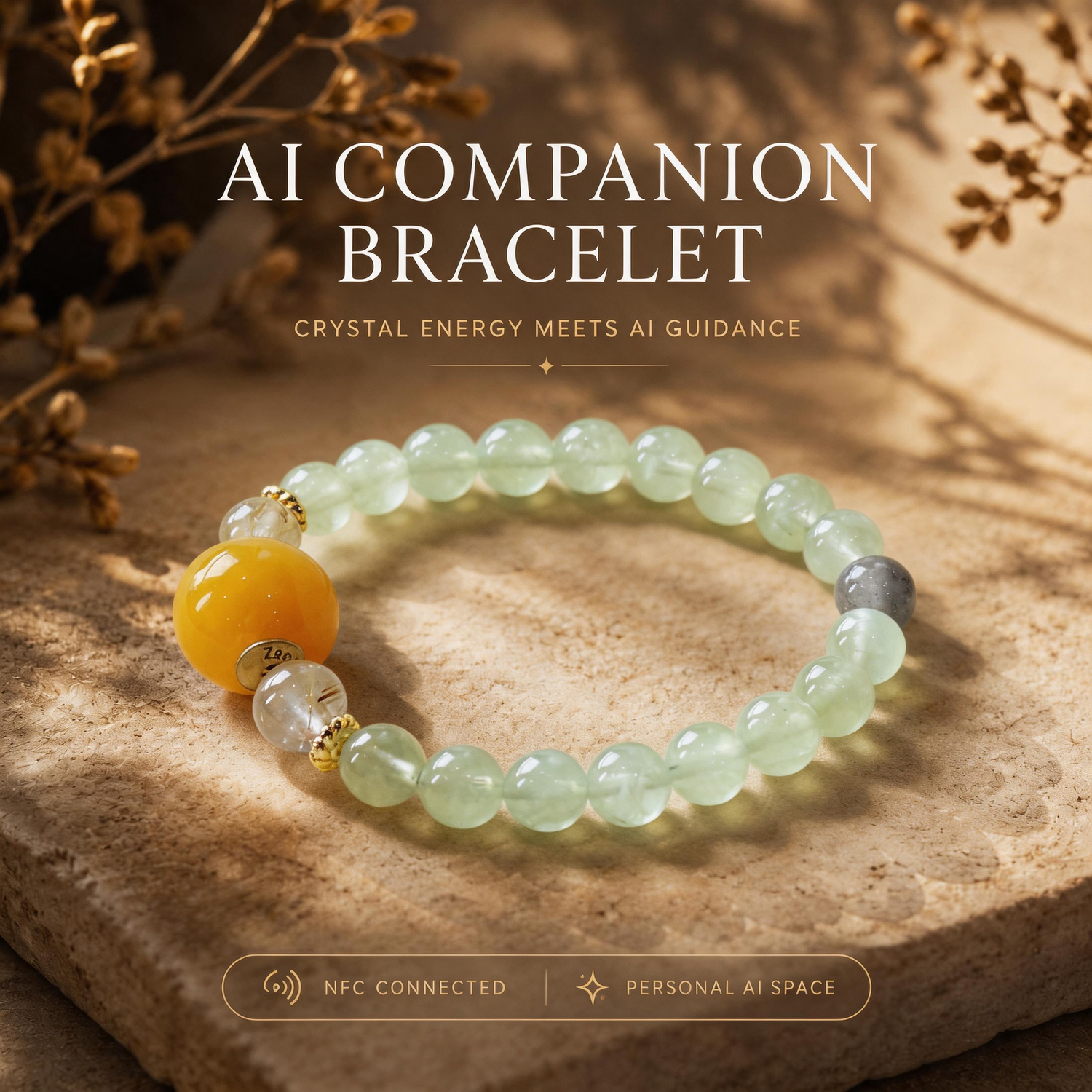 Jade Mist calming Prehnite and Moonstone crystal bracelet with NFC AI companion experience