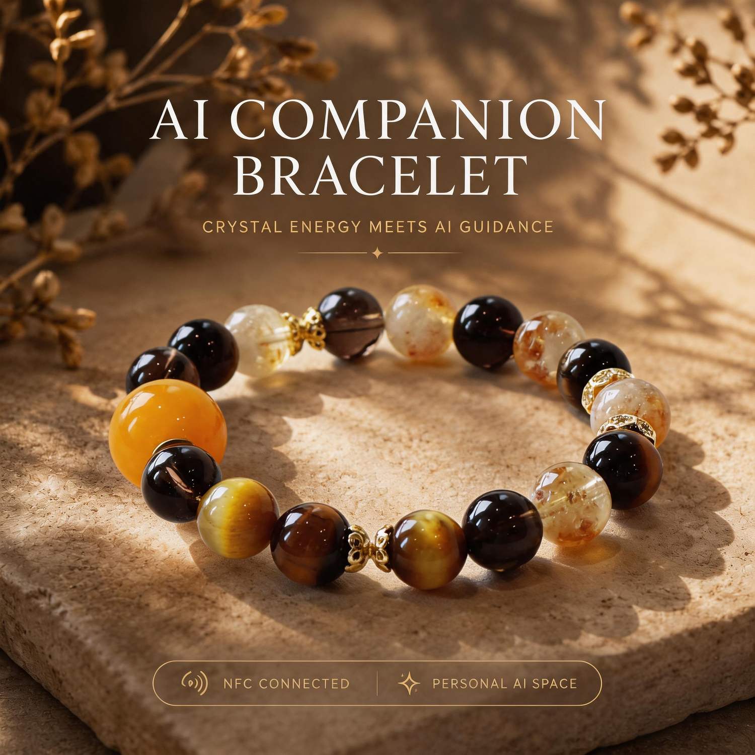 Solar Shield Tiger Eye energy crystal bracelet with AI companion experience