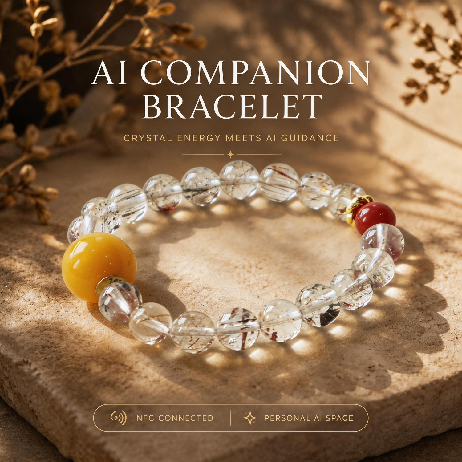 Lucent Aura AI Companion Bracelet with clear crystal beads, NFC connected personal AI space and mindful crystal energy guidance
