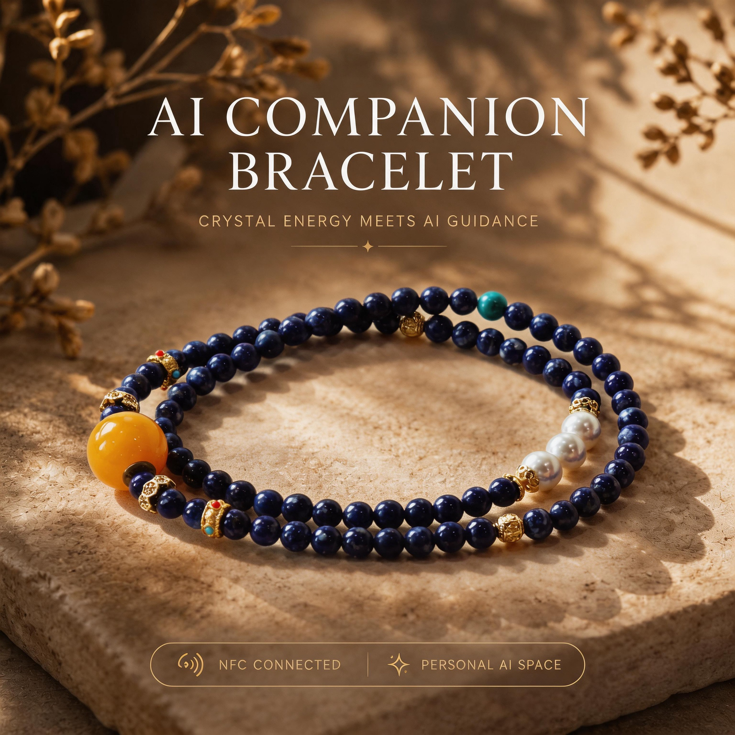Star Dream AI Companion Bracelet with deep blue crystal beads, NFC connected personal AI space and mindful crystal energy guidance