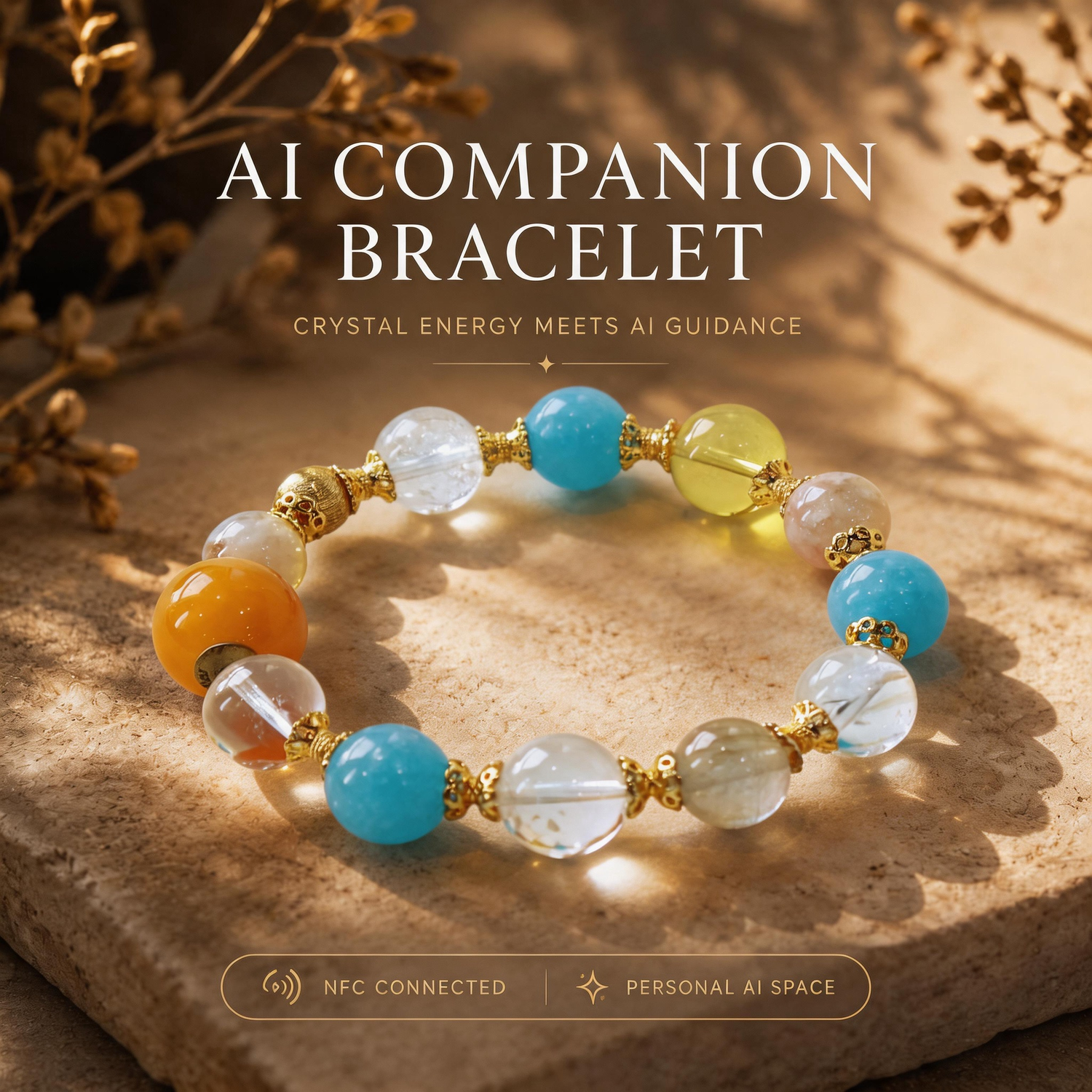 Azure Dawn Amazonite Clear Quartz calming crystal bracelet with AI companion experience