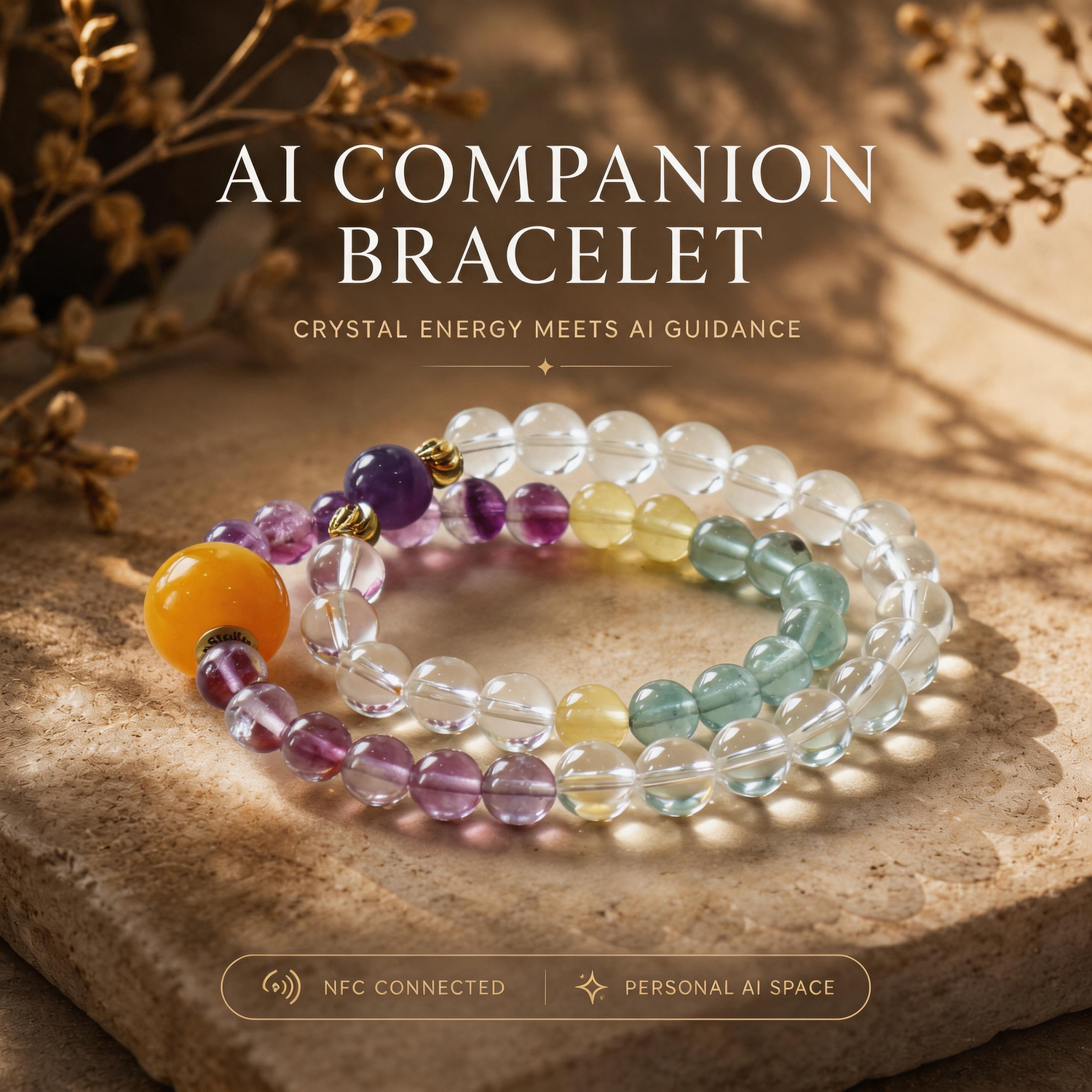 Aurora Dream Clear Quartz Rainbow Fluorite crystal bracelet with AI companion experience