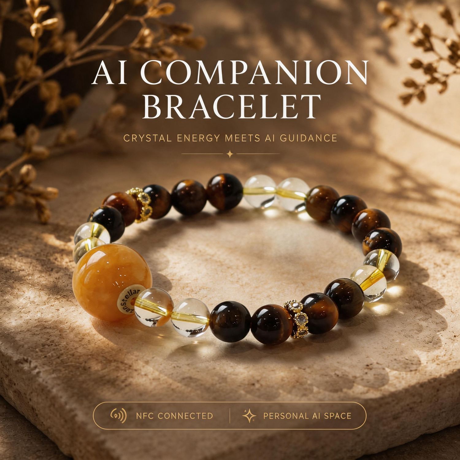 Golden Ray Tiger Eye Citrine confidence crystal bracelet with AI companion experience