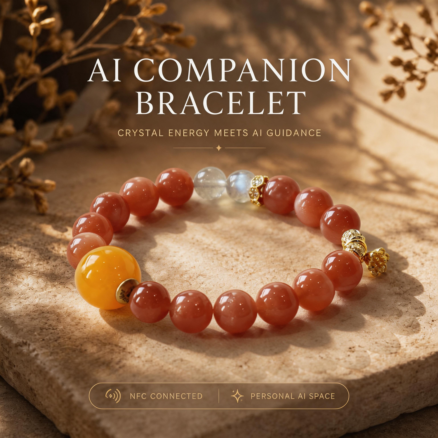 Sunset Aura AI Companion Bracelet with warm orange crystal beads, NFC connected personal AI space and mindful crystal energy guidance