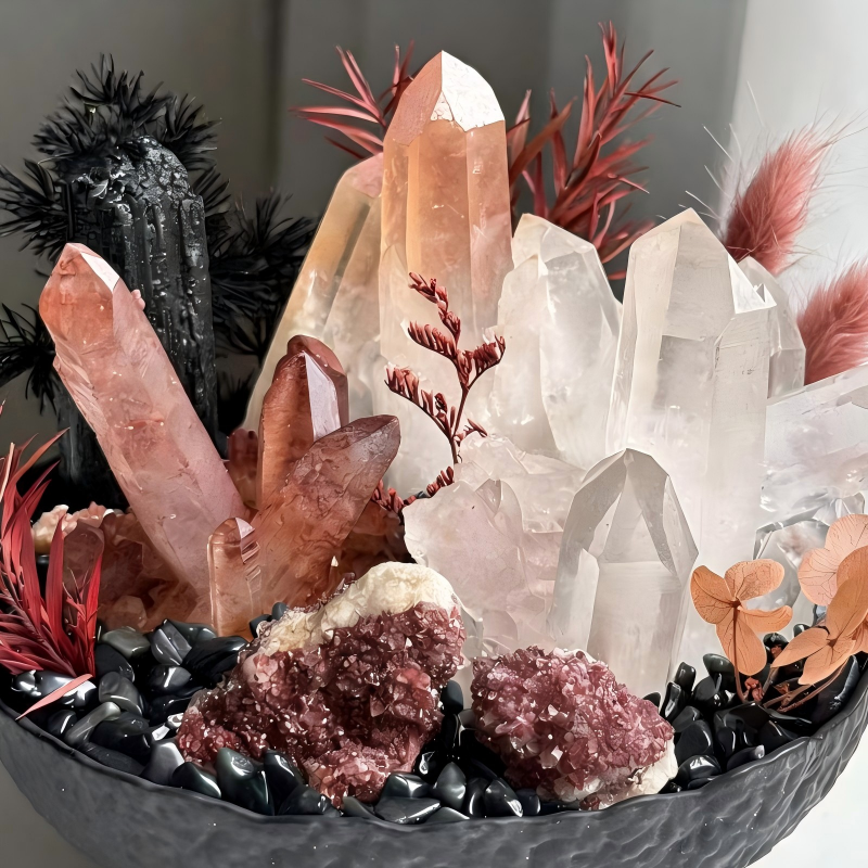 Crimson Rose Crystal Garden – Red Quartz & Clear Quartz Home Décor