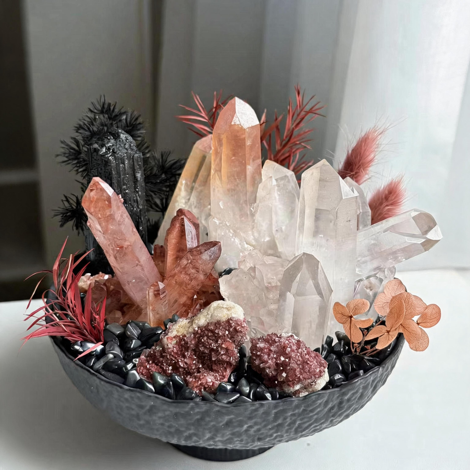 Crimson Rose Crystal Garden – Red Quartz & Clear Quartz Home Décor