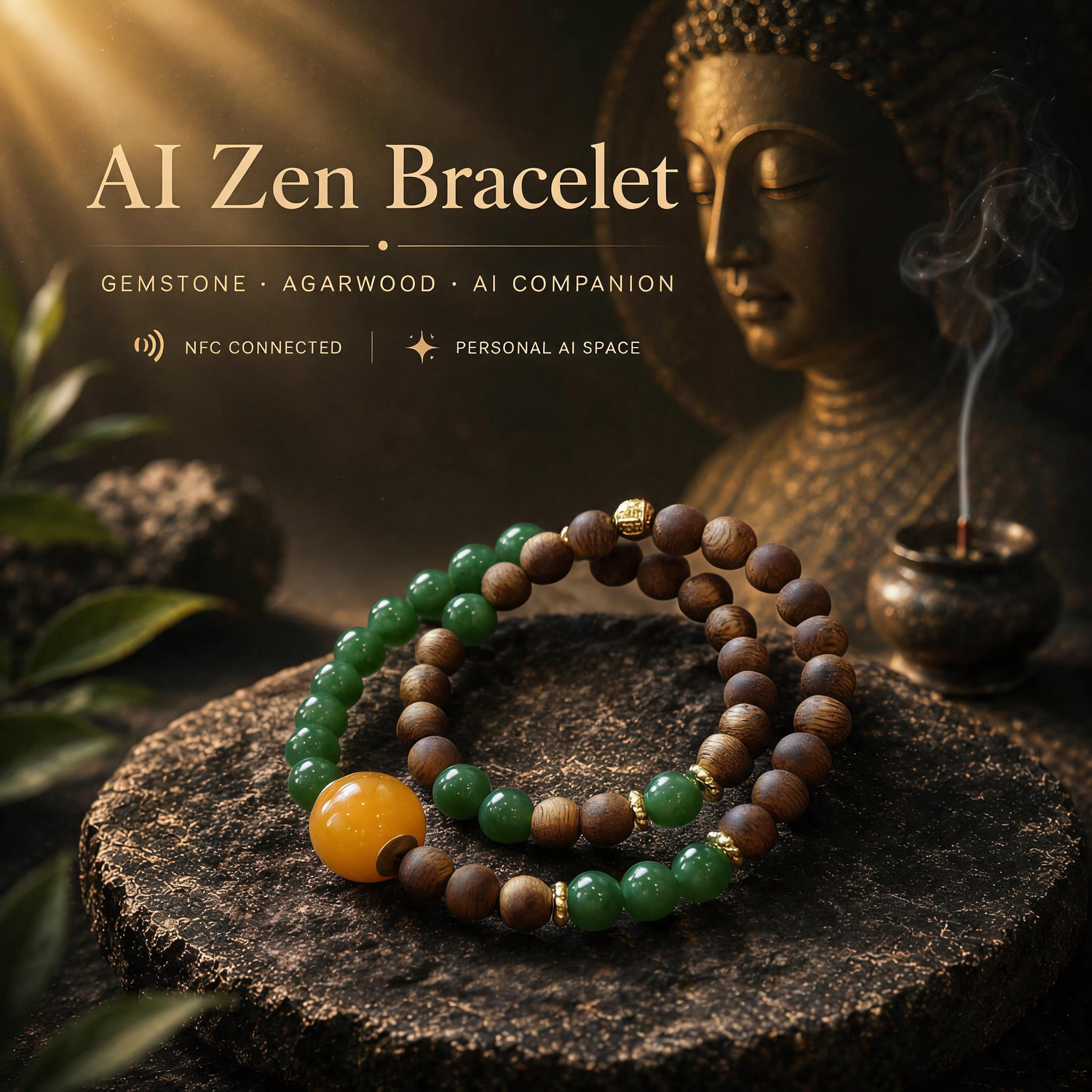 Natural Agarwood and Jade Bracelet with green jade beads and handcrafted agarwood design