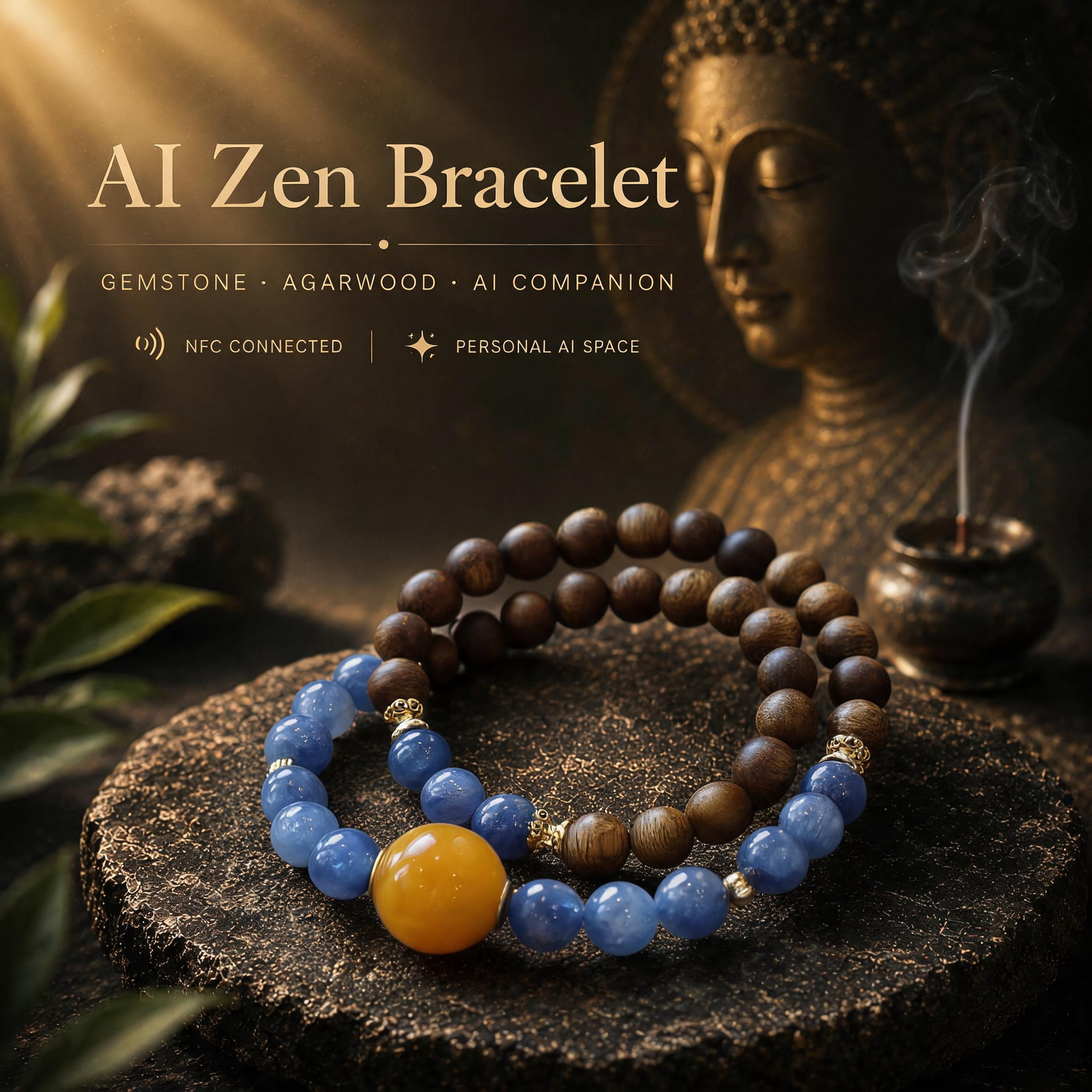 Natural Agarwood and Kyanite Bracelet with blue kyanite beads and agarwood design for AI companion experience