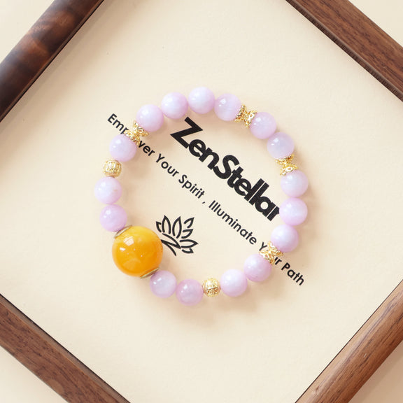 Lavender Bloom AI Companion Bracelet displayed with natural Kunzite gemstones on Zenstellar presentation card