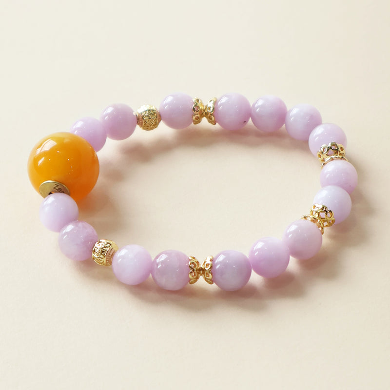 Lavender Bloom Grace Crystal Bracelet featuring natural Kunzite gemstone beads with soft lavender tones