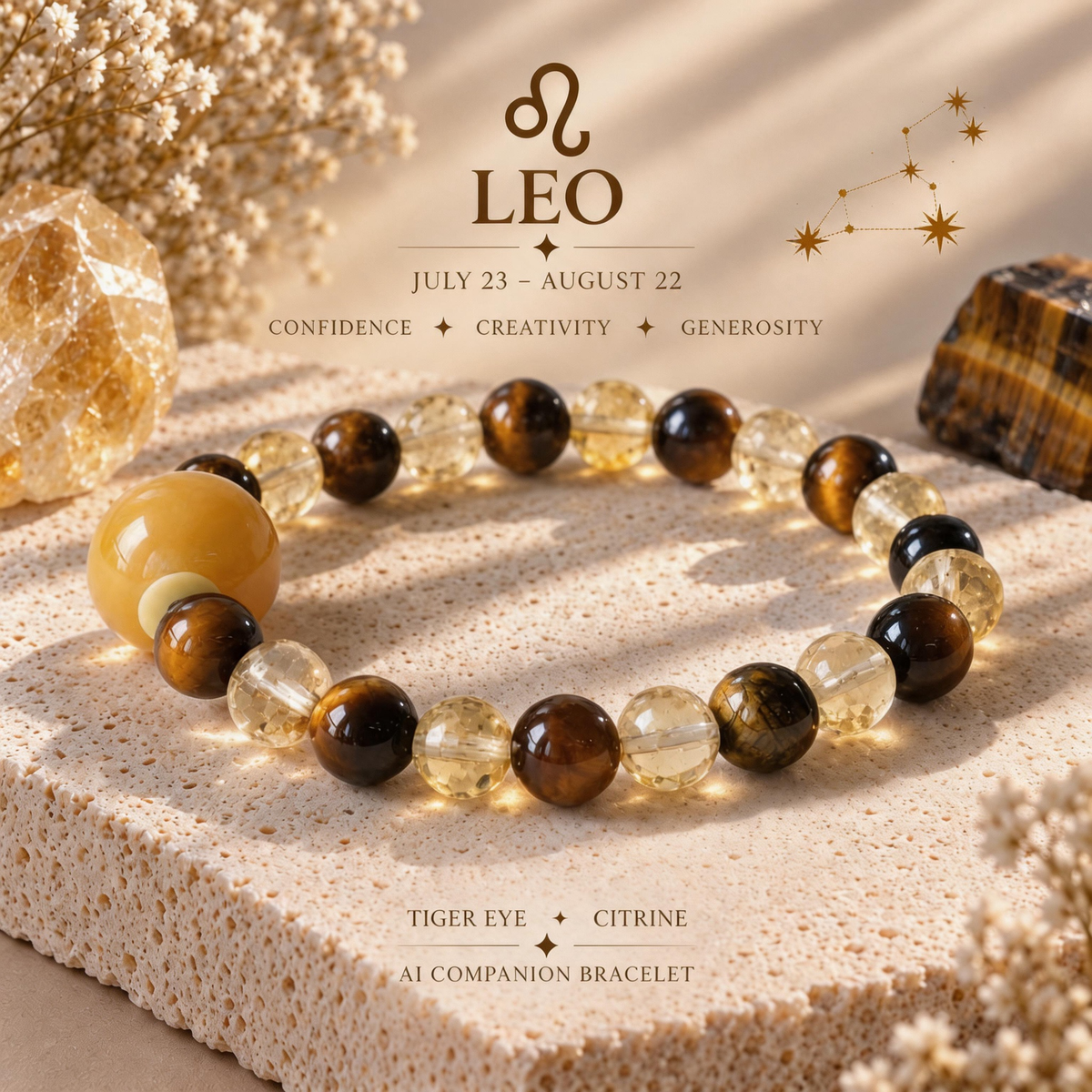 Leo Tiger's Eye and faceted Citrine bracelet with a yellow AI companion core displayed on a stone pedestal