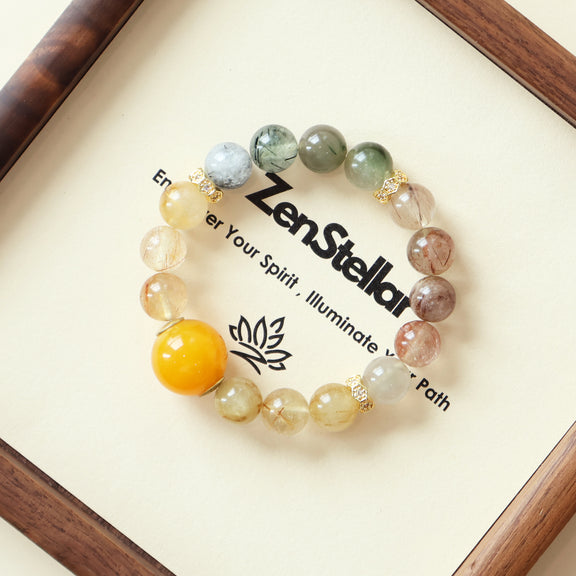 Lumen Drift Vector AI companion bracelet presented on a Zenstellar display card, featuring natural rutilated quartz gemstones arranged in a circular composition, symbolizing flow, direction, and mindful digital companion experience.