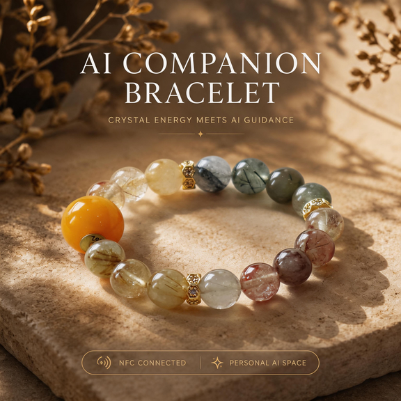 A natural rutilated quartz crystal bracelet displayed on a warm textured stone surface under soft golden sunlight, featuring 10mm multi-tone crystal beads and an orange focal bead, representing a dynamic AI companion bracelet experience with flowing energy and clarity.