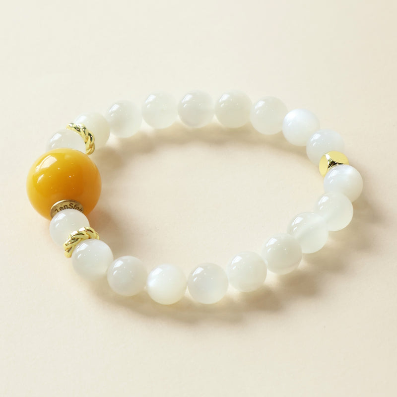Natural White Moonstone crystal bracelet with Zenstellar NFC AI Companion bead for mindful living and everyday inspiration.