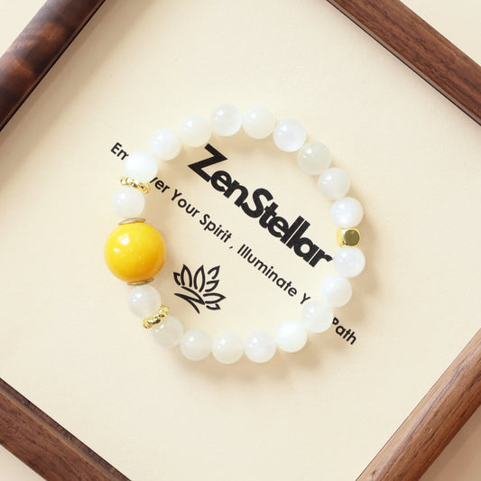 Moonlit Whisper Tranquility White Moonstone AI Companion Bracelet displayed in Zenstellar signature gift packaging.
