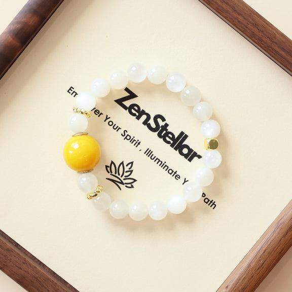 Moonlit Whisper Tranquility White Moonstone AI Companion Bracelet displayed in Zenstellar signature gift packaging.