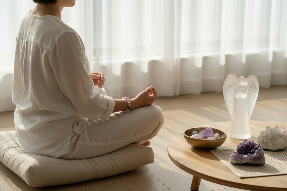Young adult meditating at home with a natural crystal bracelet and crystal decor