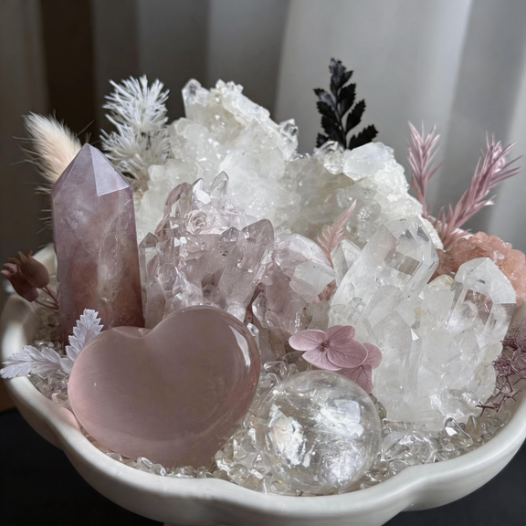Close-up of the Roselle Haven Crystal Garden featuring natural quartz crystal formations, Pink Fluorite tower, Pink Cat's Eye Heart, and Clear Quartz Sphere