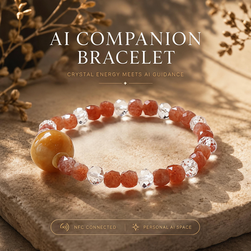 Roselle Haven Facet Crystal Bracelet crafted with Faceted Sunstone and White Quartz gemstones with signature AI companion bead displayed on warm natural stone background