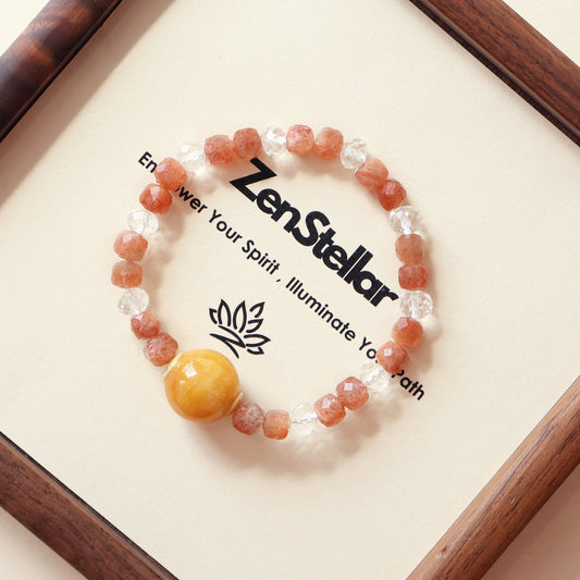 Roselle Haven Facet AI Companion Bracelet displayed on Zenstellar presentation card with warm ambient lighting highlighting Faceted Sunstone and White Quartz crystal design