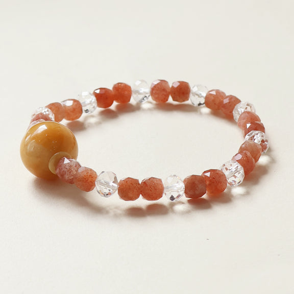 Roselle Haven Facet Crystal Bracelet featuring natural Faceted Sunstone and White Quartz gemstone beads with AI companion bead in clean studio white background presentation