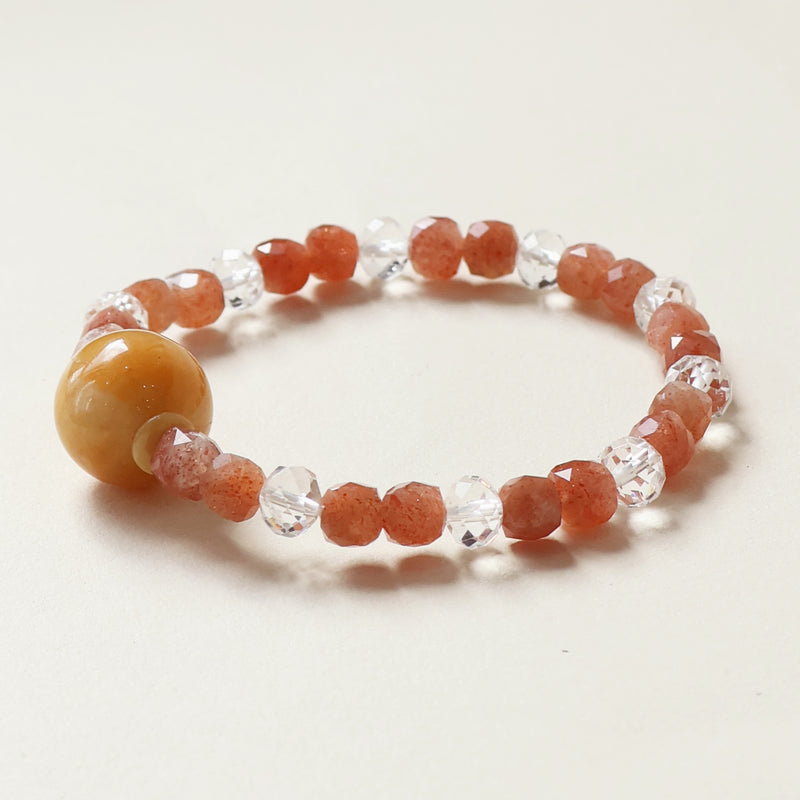 Roselle Haven Facet Crystal Bracelet featuring natural Faceted Sunstone and White Quartz gemstone beads with AI companion bead in clean studio white background presentation
