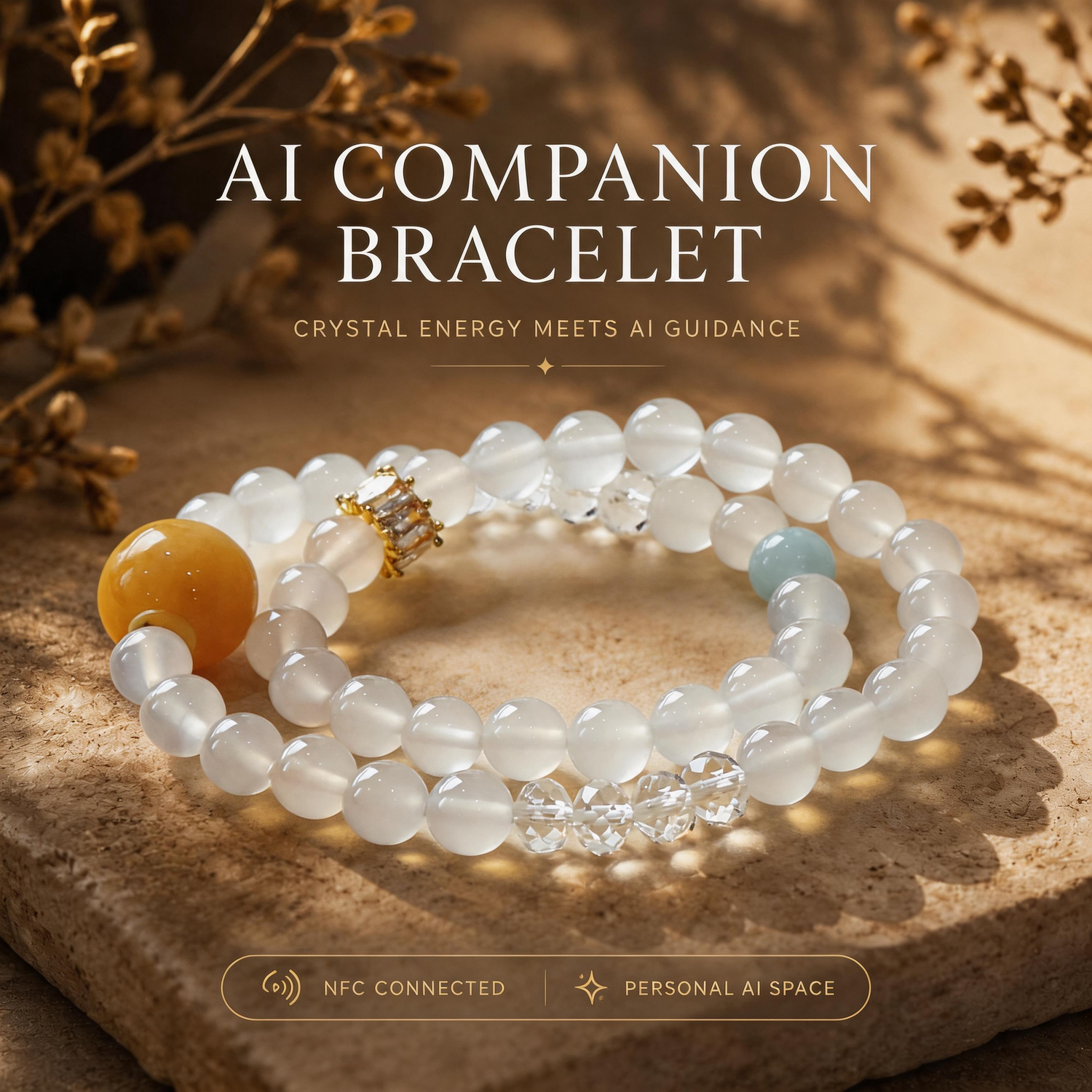 A natural crystal bracelet featuring White Agate, Clear Quartz, and Aquamarine beads arranged in a soft gradient composition, designed as a Silent Current Meridian AI companion bracelet symbolizing calm emotional flow and clarity.