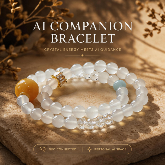 A natural crystal bracelet featuring White Agate, Clear Quartz, and Aquamarine beads arranged in a soft gradient composition, designed as a Silent Current Meridian AI companion bracelet symbolizing calm emotional flow and clarity.