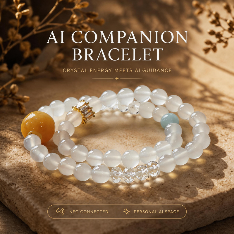 A natural crystal bracelet featuring White Agate, Clear Quartz, and Aquamarine beads arranged in a soft gradient composition, designed as a Silent Current Meridian AI companion bracelet symbolizing calm emotional flow and clarity.
