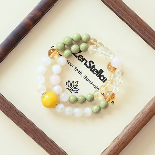 Snow Meadow Aether AI companion crystal bracelet displayed on Zenstellar presentation card showcasing snowflake phantom and matcha alashan stones under natural warm light