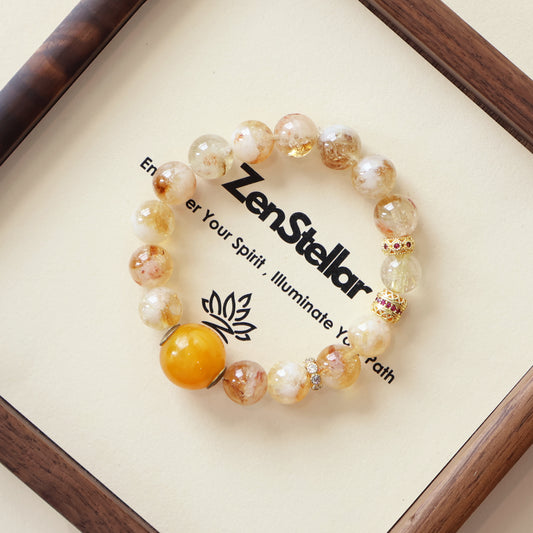 Solar Bloom AI Companion Bracelet displayed with natural Golden Rutilated Quartz gemstones on Zenstellar presentation card