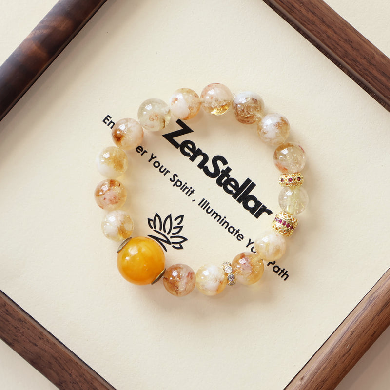 Solar Bloom AI Companion Bracelet displayed with natural Golden Rutilated Quartz gemstones on Zenstellar presentation card
