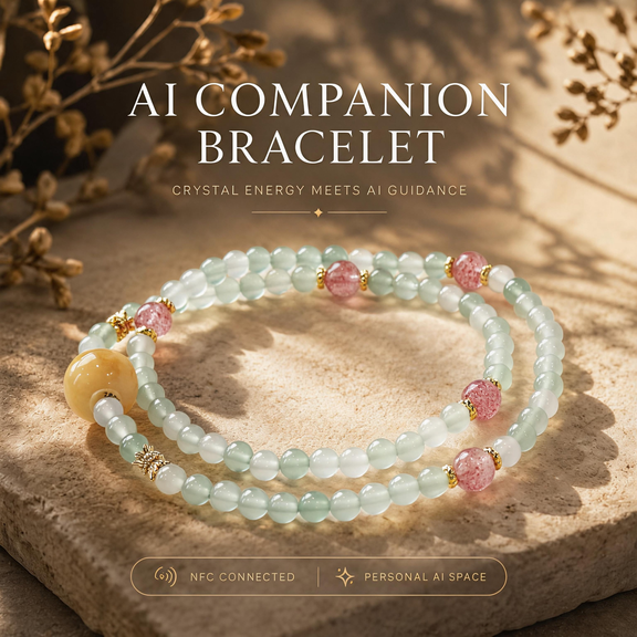 Spring Meadow Delight Green Agate & Strawberry Quartz AI Companion Bracelet with natural green agate, strawberry quartz and NFC companion bead
